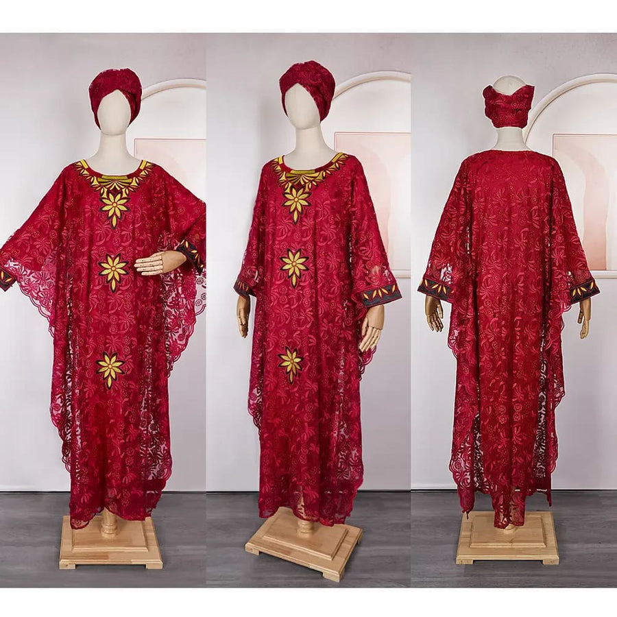 H & D Custom Africa Boubou Lace Dresses For Women Dashiki 2 Piece Sets Abaya Long Dress With Scarf
